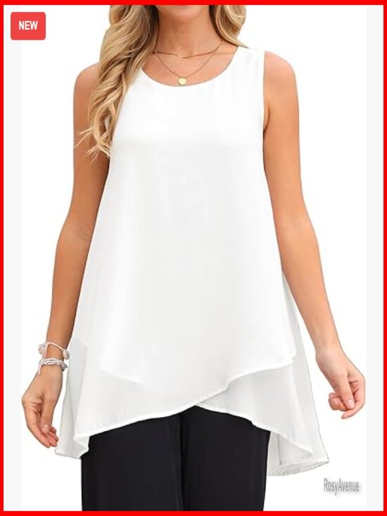 Tops - Sleeveless Chiffon Blouse High Low Hem Loose Fit Asymmetrical Tunic Top